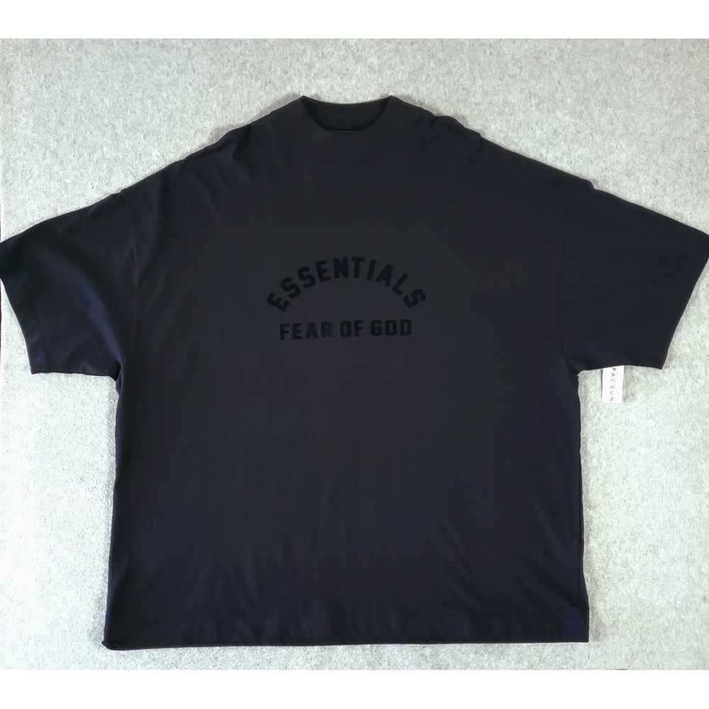Fear of God Essentials T-Shirt Mens XL Black on Black Flocked Logo Oversized